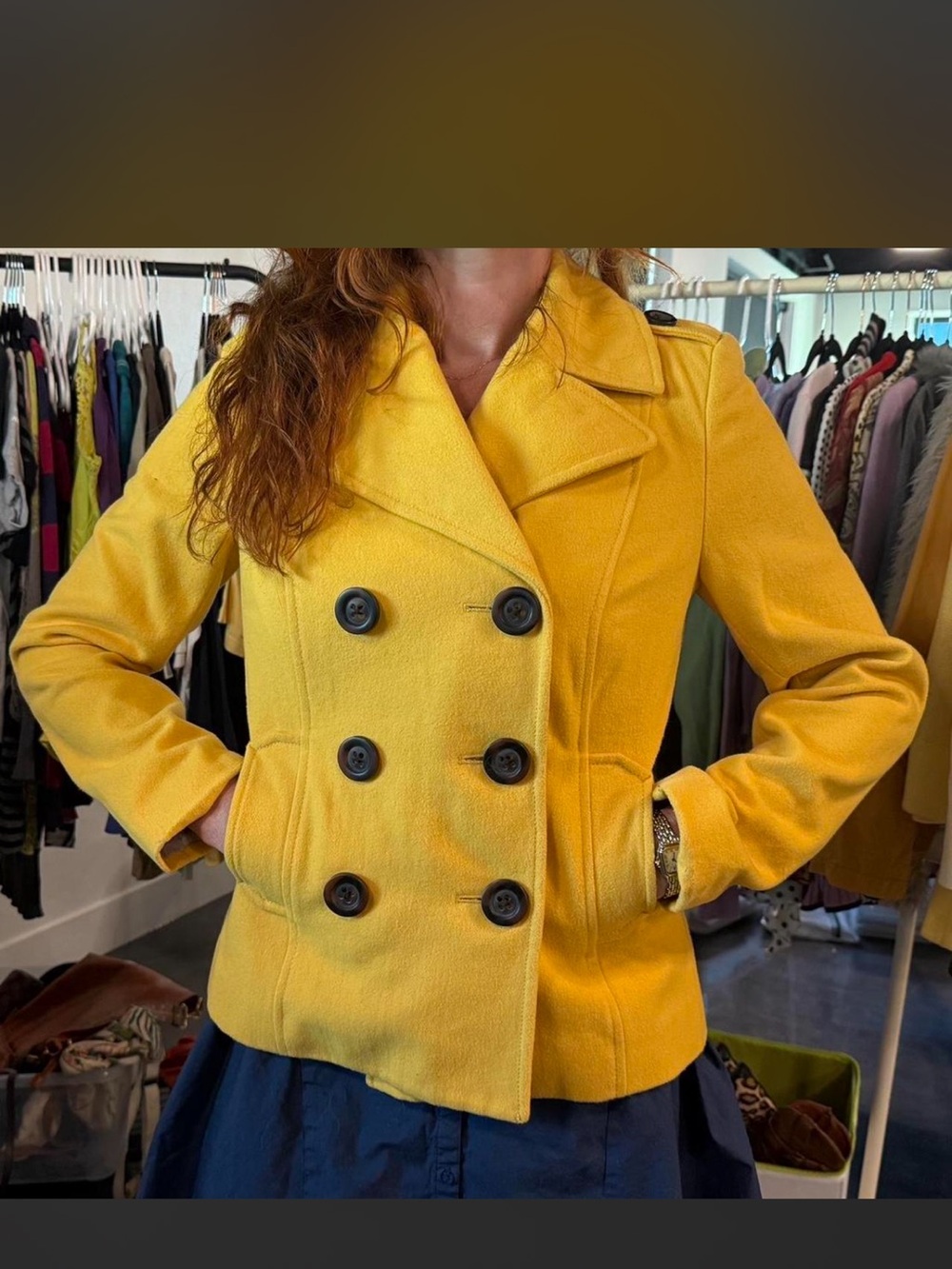 Vintage Yellow Double-Breasted Women's Peacoat Jacket